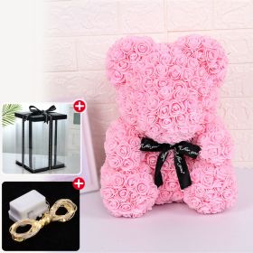 Wedding Decoration Rose Bear Artificial Flower With Box and Light Rose Teddy Bear For Women Valentines Girlfriend Birthday Gifts (Color: 25CM-Pink, Ships From: China)