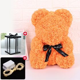 Wedding Decoration Rose Bear Artificial Flower With Box and Light Rose Teddy Bear For Women Valentines Girlfriend Birthday Gifts (Color: 25CM-Orange, Ships From: China)