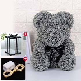 Wedding Decoration Rose Bear Artificial Flower With Box and Light Rose Teddy Bear For Women Valentines Girlfriend Birthday Gifts (Color: 25CM-Grey, Ships From: China)