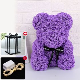 Wedding Decoration Rose Bear Artificial Flower With Box and Light Rose Teddy Bear For Women Valentines Girlfriend Birthday Gifts (Color: 25CM-Purple, Ships From: China)