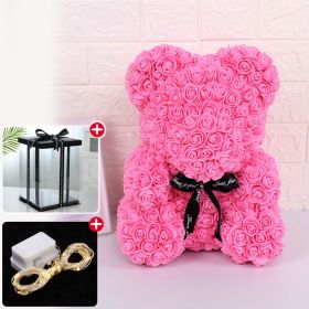 Wedding Decoration Rose Bear Artificial Flower With Box and Light Rose Teddy Bear For Women Valentines Girlfriend Birthday Gifts (Color: 25CM-Dark Pink, Ships From: China)