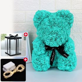 Wedding Decoration Rose Bear Artificial Flower With Box and Light Rose Teddy Bear For Women Valentines Girlfriend Birthday Gifts (Color: 25CM-Lake Blue, Ships From: China)