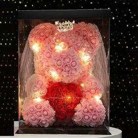 Wedding Decoration Rose Bear Artificial Flower With Box and Light Rose Teddy Bear For Women Valentines Girlfriend Birthday Gifts (Color: 40CM-Crown Veil7, Ships From: China)