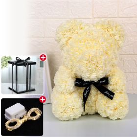 Wedding Decoration Rose Bear Artificial Flower With Box and Light Rose Teddy Bear For Women Valentines Girlfriend Birthday Gifts (Color: 25CM-Milk White, Ships From: China)